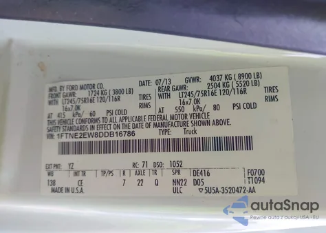 2013 Ford E-250 Commercial z USA, uszkodzony, nr VIN 1FTNE2EW8DDB16786